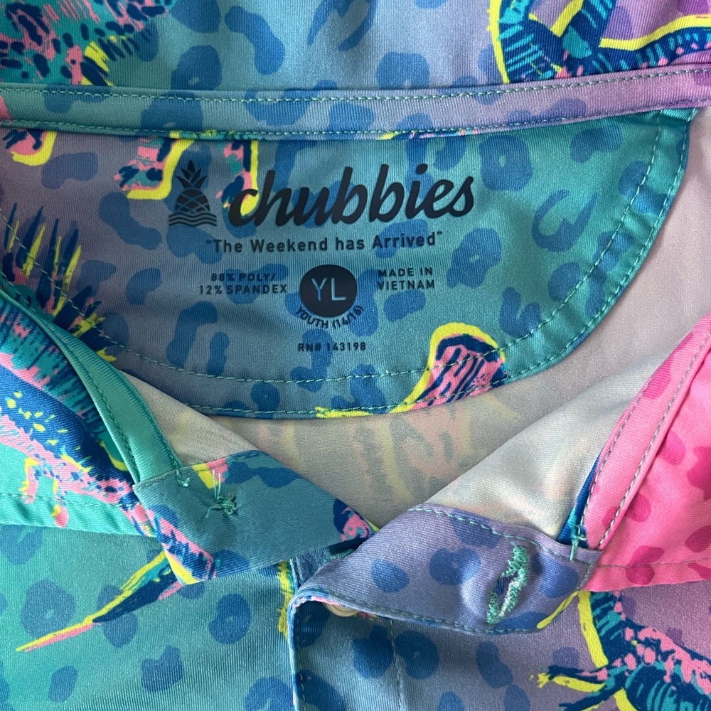 Chubbies Dinosaur Youth Boys Polo The Dino Delight Neon Blue Purple Size 14/16 L - Picture 5 of 6
